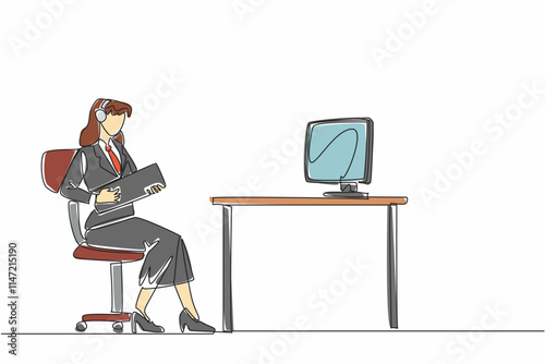 Continuous one line drawing businesswoman wearing headphones and using keyboard as guitar. Take advantage of the time to laze around. National Goof Off Day. Single line draw design vector illustration