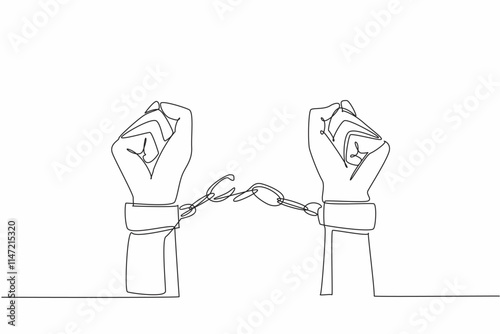 Single continuous line drawing hands free from shackles. Fight against injustice. Restore the dignity of victims. Put up resistance. Sue human rights violators. One line design vector illustration