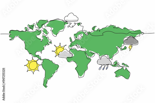 Single one line drawing world map in various regions with many weather prediction icons. Meteorologists predict for next few days. World Meteorological Day. Continuous line design graphic illustration