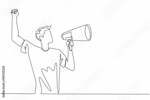 Continuous one line drawing man in casual clothes giving speech holding megaphone. Raising spirits. Dare to fight injustice. Symbol of resistance. Rights. Single line draw design vector illustration