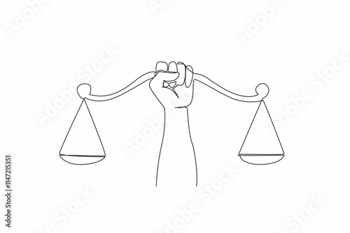 Continuous one line drawing hands gripping the center of the scale. Demanding a sense of justice. Social justice is a right for all people. Balance. Equal. Single line draw design vector illustration
