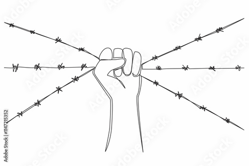 Single continuous line drawing hands holding barbed wire. It's gone beyond the limit. Move to fight. Demand the equality. Strong and just. Restoring the dignity. One line design vector illustration