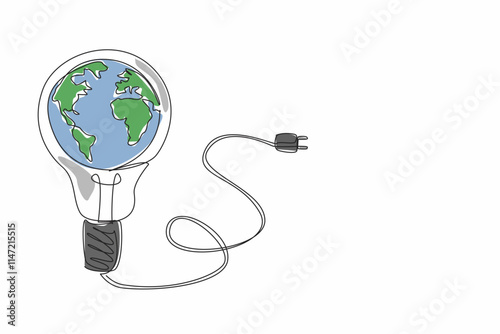 Single one line drawing globe in middle of wired bulb lamp. Easy examples. Unplug the power cord from the power source. Turn off the lights. Earth Hour Day. Continuous line design graphic illustration