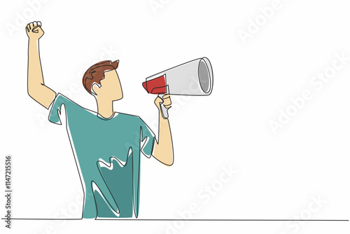 Continuous one line drawing man in casual clothes giving speech holding megaphone. Raising spirits. Dare to fight injustice. Symbol of resistance. Rights. Single line draw design vector illustration