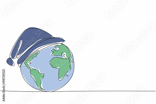 Single continuous line drawing globe wearing a sleeping cap. Imagination. Symbolization. The tired earth. Let the earth stop working for a moment. Earth Hour Day. One line design vector illustration