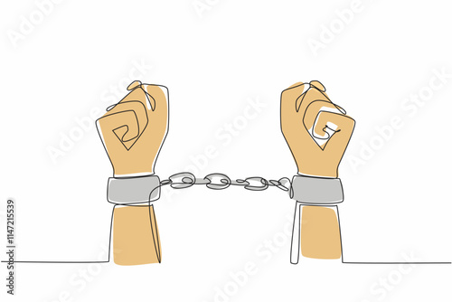 Single one line drawing two clenched hands chained together. The tragedy of slavery must not be repeated. Destroys the basic right to live in peace. Symbol. Continuous line design graphic illustration