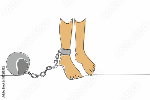 Single continuous line drawing feet shackled by metal prison ball chains whose chains are broken. Bitter memories of dark times. Human rights are not fulfilled. One line design vector illustration