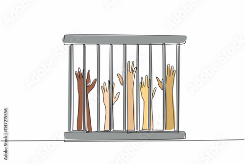 Continuous one line drawing five hands raised in cage. Slave trade that violates basic human rights. The cruelty of slavery. Urgently released. Dark times. Single line draw design vector illustration