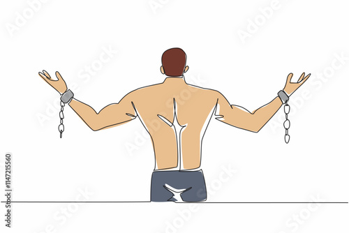 Single one line drawing a muscular man spreads his arms which are bound with broken chains. Free. Independent. Escape. Inhumane slavery. Bondage. Rights. Continuous line design graphic illustration