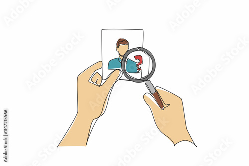 Continuous one line drawing hand pointing magnifier at silhouette image of person. Massive searches conducted. Searching for staff members suddenly missing. Single line draw design vector illustration