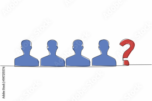 Single continuous line drawing four silhouettes of people and one question mark. Missing staff. Missing member. Missing family. Disappeared and not yet found. One line design vector illustration