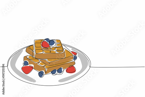 Single continuous line drawing waffles stack on round plate. Strawberry and raspberry toppings. Fresh sweet and sour. Perfect combination. International Waffle Day. One line design vector illustration