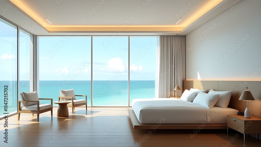 A minimalist resort room with ocean views through a large glass window A minimalist resort room with ocean views through a large glass window