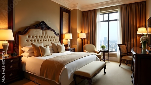 A luxurious hotel room with a king-sized bed, soft lighting, and elegant decor