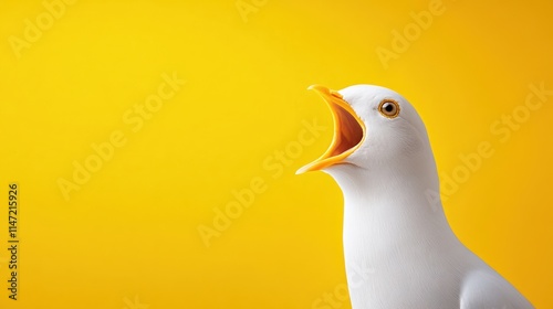 vocal white seagull against a vibrant yellow background, with copy space for text