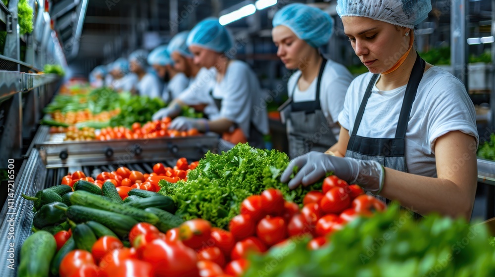 A bustling food processing plant where workers package fresh produce on a conveyor belt, ensuring cleanliness and efficiency