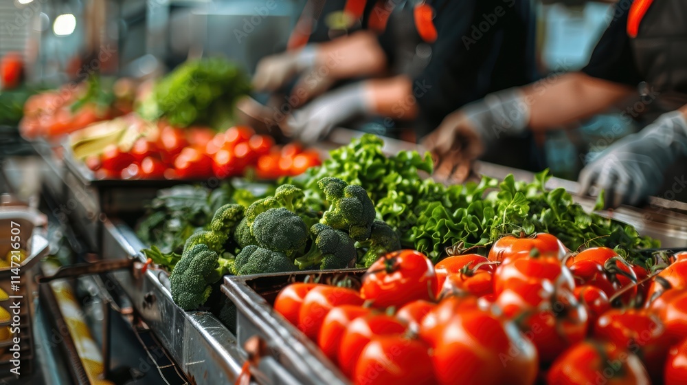 A bustling food processing plant where workers package fresh produce on a conveyor belt, ensuring cleanliness and efficiency A bustling food processing plant where workers package fresh produce on a conveyor belt, ensuring cleanliness and efficiency