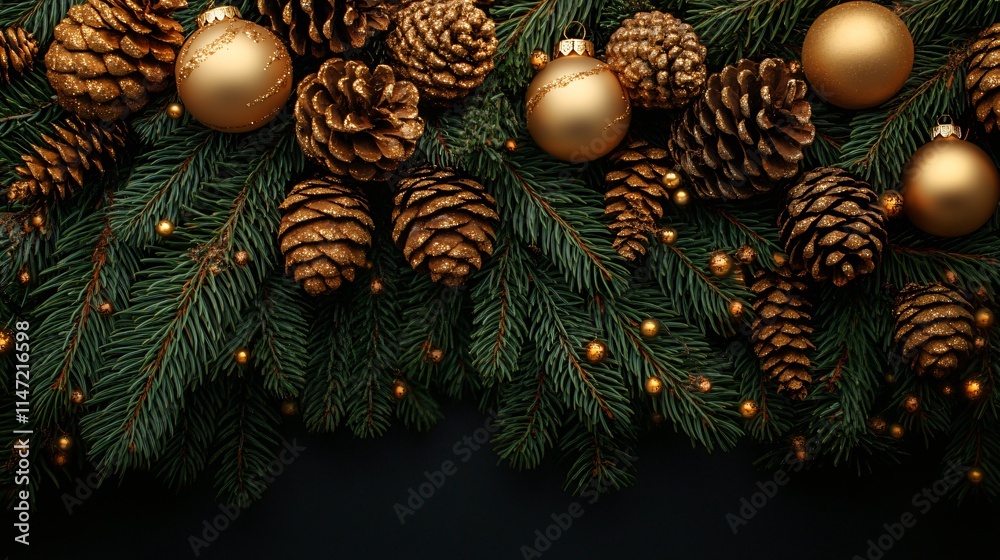 Golden Christmas balls and pine cones with copy space Golden Christmas balls and pine cones with copy space