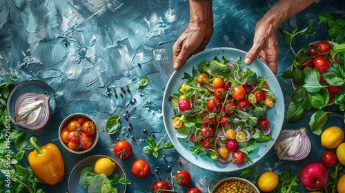 Chef's hands arranging a colorful salad plate made with fresh ingredients from the farm. photo