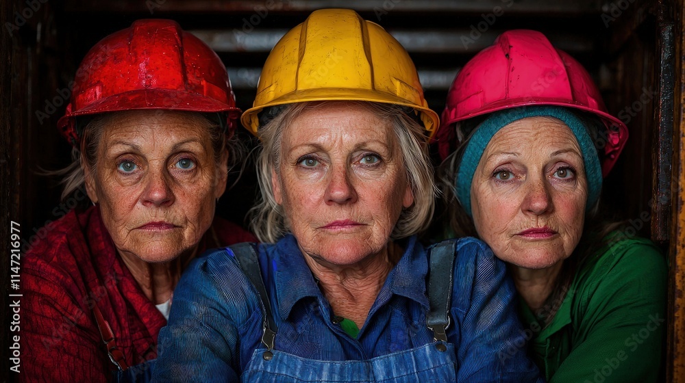 Three mature women construction workers in hard hats. Three mature women construction workers in hard hats.