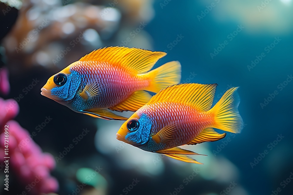 Two vibrant Lyretail Anthias gracefully swim through a colorful coral reef aquarium. Two vibrant Lyretail Anthias gracefully swim through a colorful coral reef aquarium.