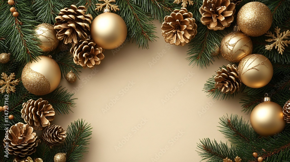 Frame of Christmas golden balls and branches Frame of Christmas golden balls and branches