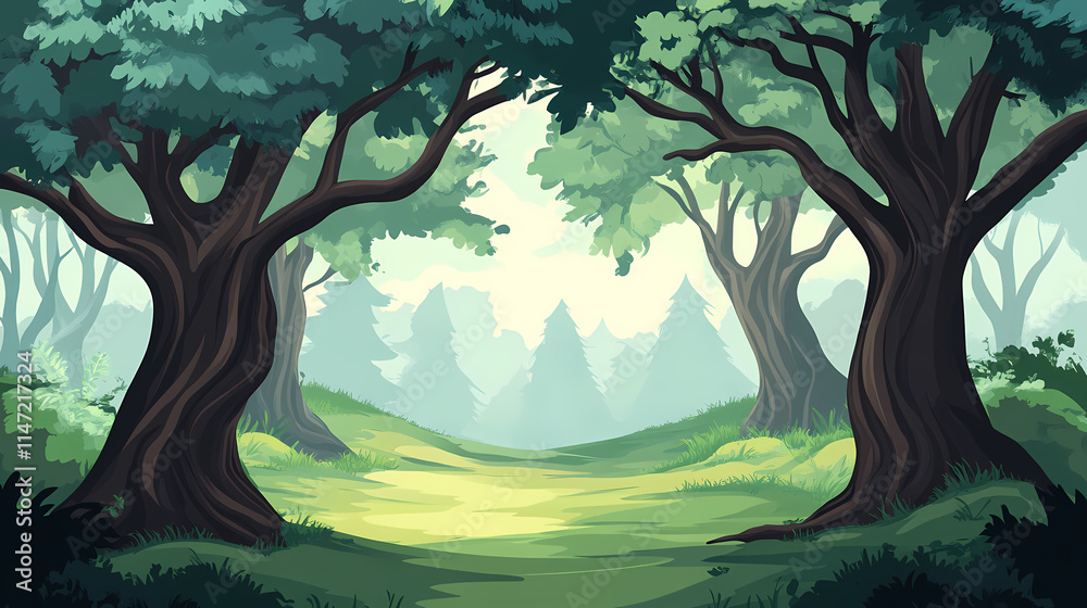 Naklejka premium Forest landscape with old trees and wind whispering secrets. Whisper. Illustration