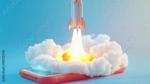 creative rocket launch concept with vibrant smoke and mobile phone for innovation and startup marketing