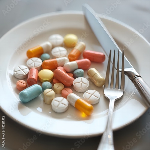 Tablets and Capsules Served on a Plate with Cutlery