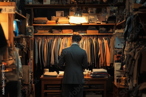 A man in a suit stands in a clothing store, surrounded by neatly arranged garments. photo