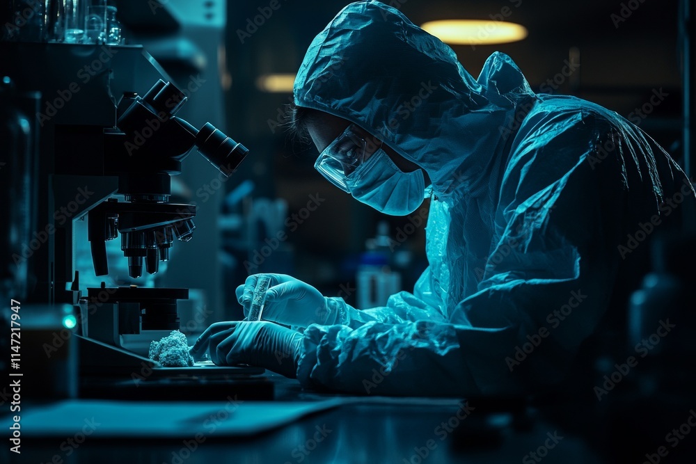 A scientist in protective gear works under a microscope in a laboratory setting. A scientist in protective gear works under a microscope in a laboratory setting.