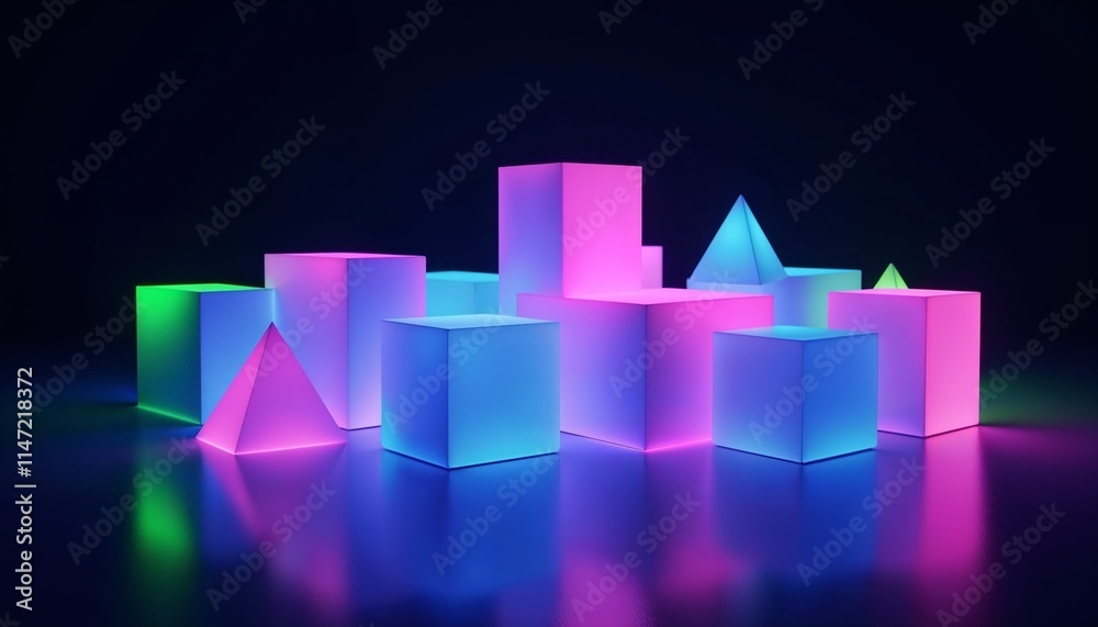Cluster of glowing neon geometric shapes including cubes and pyramids in a dark void Cluster of glowing neon geometric shapes including cubes and pyramids in a dark void