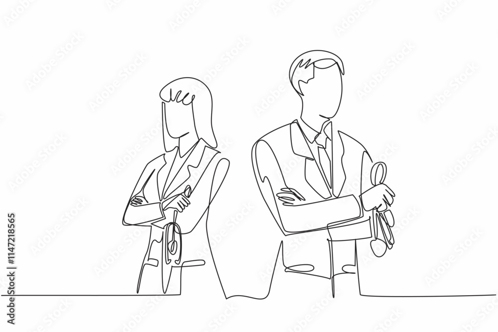 Single continuous line drawing female and male doctors crossed their arms across their chest. Stethoscope in hand. Always give the best. The national of doctor day. One line design vector illustration Single continuous line drawing female and male doctors crossed their arms across their chest. Stethoscope in hand. Always give the best. The national of doctor day. One line design vector illustration