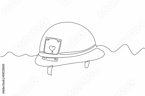 Single one line drawing army helmet with ace of hearts attached to the helmet. War soldiers who also need entertainment to play. Vietnam War Veterans Day. Continuous line design graphic illustration