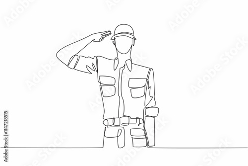 Single continuous line drawing soldiers salute while wearing helmets. Dedication of a soldier. Sacrifice of a soldier. Defending a nation. Vietnam War Veterans Day. One line design vector illustration