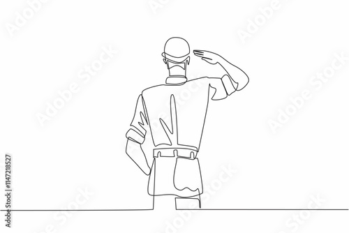 Single one line drawing rear view of soldier saluting wearing helmet, one hand clenched. Military service and dedication to duty. Vietnam War Veterans Day. Continuous line design graphic illustration