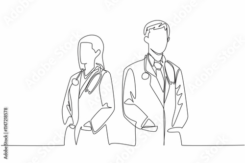 Continuous one line drawing male and female doctors put their hands in their uniform coat pockets. Serve with heart. Sincere. The national of doctor day. Single line draw design vector illustration