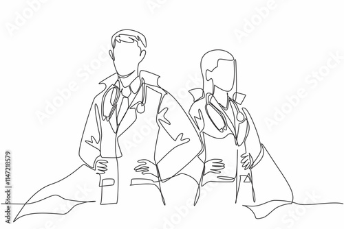 Single continuous line drawing male and female doctors wear the winged uniforms. Posing like a superhero duo. Putting humanity first. The national of doctor day. One line design vector illustration