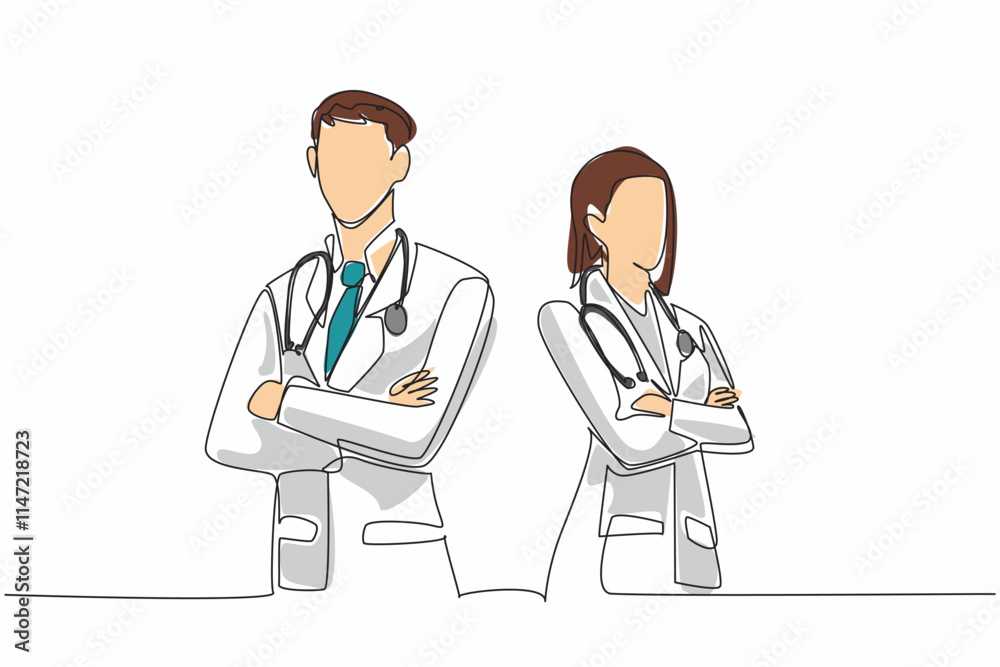 Continuous one line drawing male and female doctors pose with crossed arms with stethoscopes around necks. 24 hours standby. The national of doctor day. Single line draw design vector illustration Continuous one line drawing male and female doctors pose with crossed arms with stethoscopes around necks. 24 hours standby. The national of doctor day. Single line draw design vector illustration