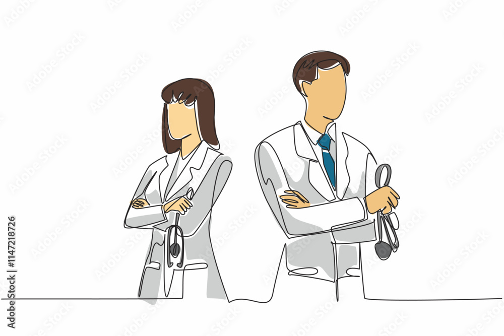 Single continuous line drawing female and male doctors crossed their arms across their chest. Stethoscope in hand. Always give the best. The national of doctor day. One line design vector illustration Single continuous line drawing female and male doctors crossed their arms across their chest. Stethoscope in hand. Always give the best. The national of doctor day. One line design vector illustration
