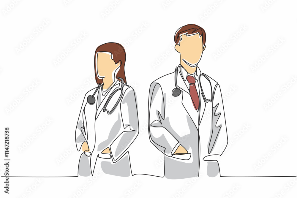 Continuous one line drawing male and female doctors put their hands in their uniform coat pockets. Serve with heart. Sincere. The national of doctor day. Single line draw design vector illustration Continuous one line drawing male and female doctors put their hands in their uniform coat pockets. Serve with heart. Sincere. The national of doctor day. Single line draw design vector illustration