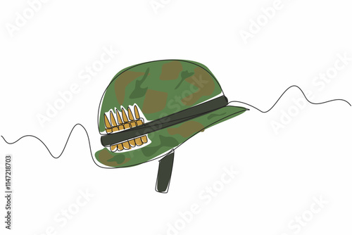 Single one line drawing an army helmet with bullet stock attached to the helmet. Be prepared. Battlefield can happen suddenly. Vietnam War Veterans Day. Continuous line design graphic illustration