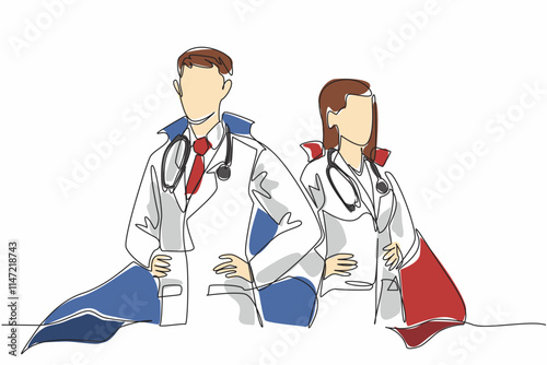 Single continuous line drawing male and female doctors wear the winged uniforms. Posing like a superhero duo. Putting humanity first. The national of doctor day. One line design vector illustration
