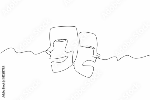Continuous one line drawing two theater masks with different expressions. Role-playing entertainment stage. Playing different characters. World Theatre Day. Single line draw design vector illustration