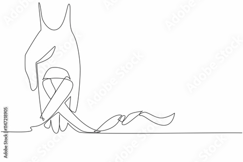 Continuous one line drawing hand hold green ribbon. Symbol of guarding and caring with care. They should be happy. National Cerebral Palsy Awareness Month. Single line draw design vector illustration