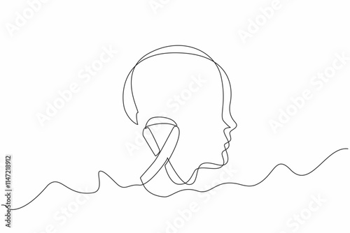 Single continuous line drawing the green ribbon and head silhouette of child. Developmental disorders. Care about them. National Cerebral Palsy Awareness Month. One line design vector illustration