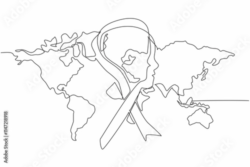 Single one line drawing green ribbon whose center circle forms silhouette of the head. Raise awareness globally. National Cerebral Palsy Awareness Month. Continuous line design graphic illustration