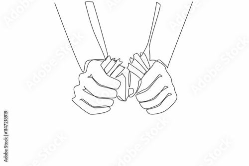 Single continuous line drawing two hands are breaking some cigarettes into 2 pieces. New awareness arises. Destroying the harmful substance nicotine. Stop smoking. One line design vector illustration