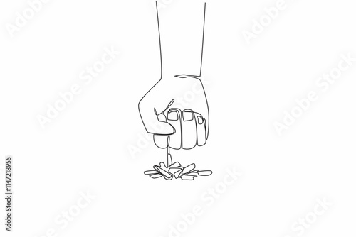 Continuous one line drawing clenched fist pointing down and wanting to hit the scattered cigarette fragments. Quit bad habits. Smoking is not good for body. Single line draw design vector illustration