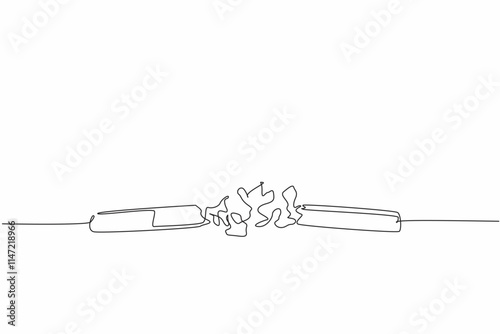 Single continuous line drawing cigarette broken in middle into 2 parts. Scattered tobacco pieces. Just throw it away. Leave bad habits. Cigarettes damage the body. One line design vector illustration